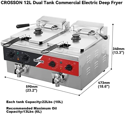 CROSSON 12L Dual Tank Countertop Electric Deep Fryer with Drain,Solid Basket and Lid for Restaurant and Home Use 120V,3600W Stainless Steel Commercial Deep Fryer (EF-6V-2) - Image 6