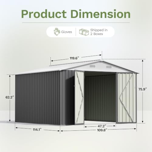 Patiowell 10x10 FT Storage Shed, Outdoor Metal Sheds, Gray - Image 2