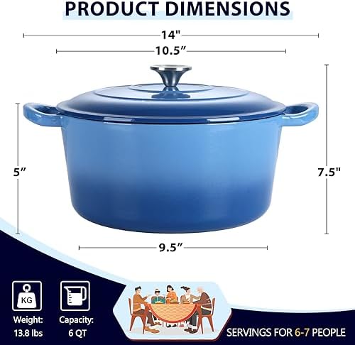 E-far 6 Quart Enameled Cast Iron Dutch Oven with Lid, Round Dutch Oven Pot Nonstick Cookware for Braising, Stews, Roasting, Bread Baking, Cooking, Heavy Duty, Induction & Oven Safe - Blue - Image 2