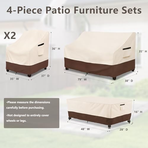 Rileytee Patio Furniture Covers Set ,4 Pcs 600D Heavy Duty 100% Waterproof Outdoor Furniture Cover,Fit Patio Loveseat, Chair and Coffee Table (Beige & Brown,X-Large) - Image 2