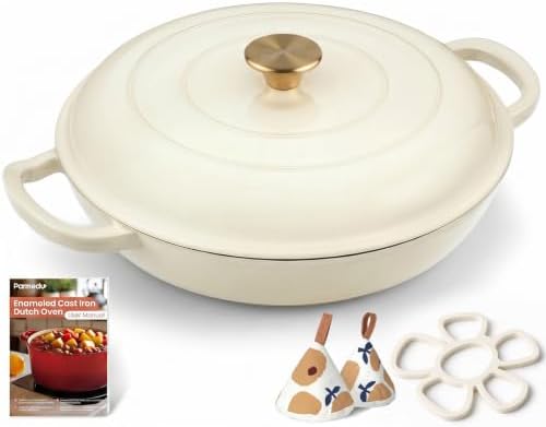 Parmedu Cast Iron Dutch Oven, 3.8 Quart, White, Shallow Braiser & Casserole by Parmedu