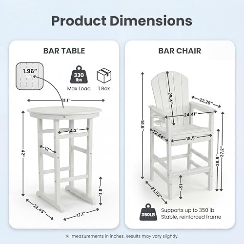 3-Piece White Counter Height Bar Dining Set with 1.96-inch Center Hole, 42.1" HDPE Indoor/Outdoor Round Bar Table with 2 Bar Stools, All-Weather Patio Bistro Set for Deck, Balcony, Poolside & Coastal - Image 2