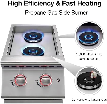 Double Grilling Side Burners for Outdoor Kitchen, 2 * 15,000BTU Liquid Propane Burners, Duty Heavy 304 Stainless Steel, Built-in Side Burner for BBQ Island Grill, with Natural Gas Kit - Image 2