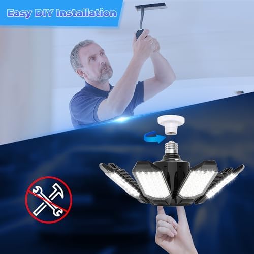 Garage Lights - Super Bright 25000LM Garage Lights Ceiling Led w/ 8 Deformable Panels 6500K Led Light Bulb Srew in E26/E27 Socket with Adjustable Center Spotlight for Barn Workshop Attic - Image 5