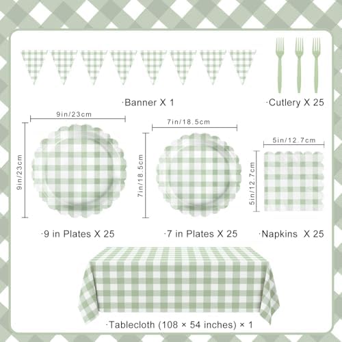 102 PCS Sage Green Gingham Party Supplies - Scalloped Plates, Napkins, Forks, Banner, Gingham Tablecloth for Baby Shower, Wedding, Birthday, Serves 25 - Image 2