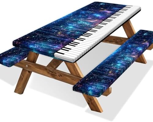 Piano Keyboard Picnic Table Cover with Bench Covers, Camping Essentials, Music Themed Waterproof Windproof, Fitted Tablecloth Cover with Elastic Edge, for Outdoor, Garden, 3 PCS, 30x96 Inch by Xguatan