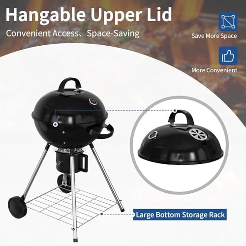 18.5-Inch Portable Charcoal Grill, Heavy Duty Kettle BBQ Smoker with Built-in Thermometer & Removable Water-Rinsable Ash Catcher for Outdoor Camping, Patio, Backyard, and Tailgating - Image 7