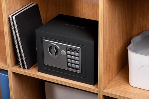 Small Electronic Safe Box With Digital Keypad & Keys - 9.05 x 6.7 x 6.7 Inches Wall Safe 0.23Cuft Mini Security Box for Coin Home Office Hotel Rooms Business Jewelry Gun (Black) - Image 2