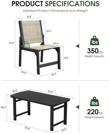 HDPE Outdoor Dining Set, Patio Table and 4 Stackable Armless Chairs, Black - Image 2
