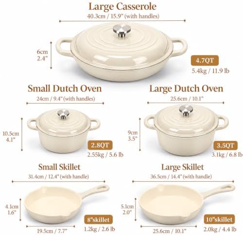 Nonstick Enameled Cast Iron Cookware Set - 8 Piece Pots and Pans with Lid, Frying Pan, Skillet, Dutch Oven Set for All Stovetops, Ideal for Sourdough Bread Baking, Cream White - Image 2