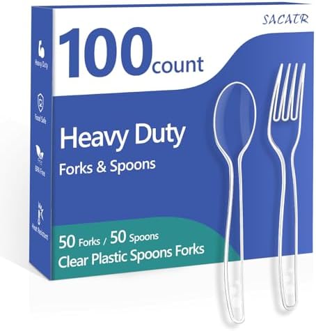 SACATR 100 Count Clear Plastic Silverware Heavy Duty -50 Forks, 50 Spoons by SACATR