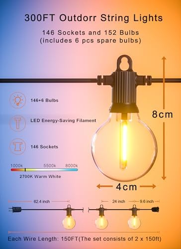 Zuske Outdoor String Lights, 300FT G40 LED IP65 Waterproof Patio Lights - Image 5