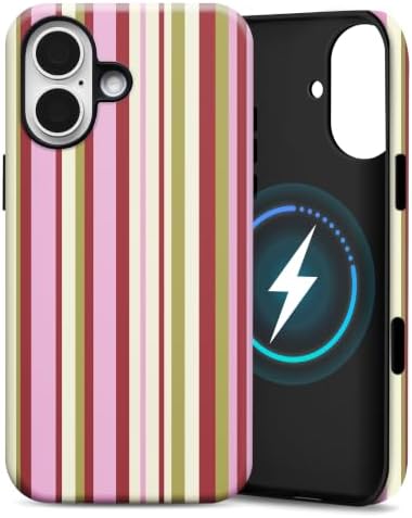 for iPhone 17 Case, Magnetic Matte Frosted Dual-Layer Striped Phone Case for Women, Retro Aesthetic Cover Compatible with MagSafe Accessories - Berry Sage Ribbon by YKCZL