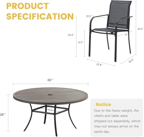 VICLLAX Large Patio Dining Furniture Set, Outdoor Dining Set for 10-60" Round Outdoor Table and Patio Stackable Chairs, Grey Wood-Like Tabletop and Dark Grey Fabric - Image 2