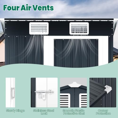 5x3 FT Outdoor Storage Shed, Weatherproof Garden Shed with Lockable Double Doors, Sloped Roof & Ventilation for Backyard, Patio, Poolside - Image 4
