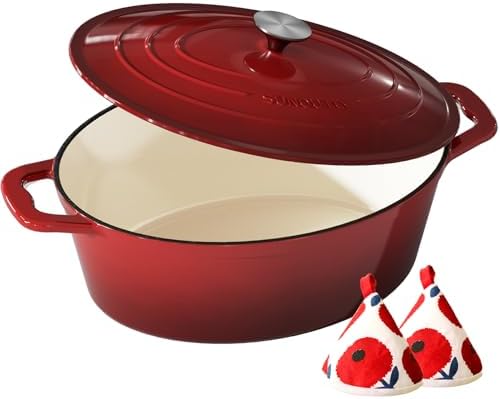 Enameled Cast Iron Dutch Oven, 9.3QT Pot with Lid, Cherry Red by SUNOUTLY