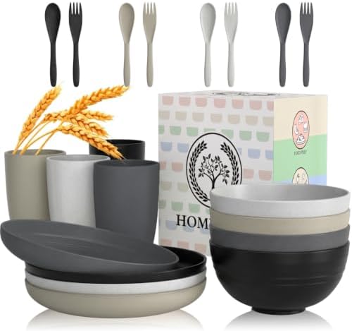 Homienly Wheat Straw Dinnerware Sets 20 PCS Unbreakable Plates and Bowls Set Microwave & Dishwasher Safe Dishes Set for 4 Kitchen Plate Set Party, Camping, RV, Picnic, Apartment-Black Grey by HOMIENLY