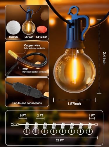 Outdoor String Lights, 29FT 12+1 G40 Bulbs Shatterproof Patio Lights - Image 6