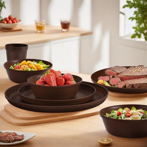 40 Piece Plastic Dinnerware Set for 8 with Cutlery, Unbreakable Plates and Bowls Set, Dishwasher & Microwave Safe Reusable Dish Set for Camping, RV, Outdoor Kitchen, Apartment Dining, Brown - Image 7