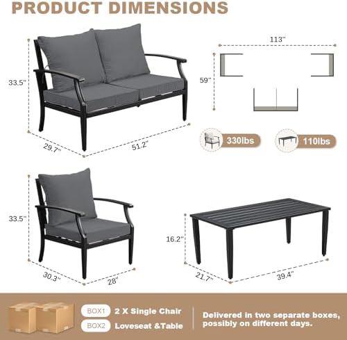 4-Piece Patio Furniture Set, Wider Outdoor Metal Seating Sofa with High Back & Lovsest, Coffee Table, All Weather Conversation for Backyard, Poolside, Deck-Grey - Image 2