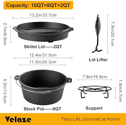 Velaze 10 QT Pre-Seasoned Cast Iron Camping Dutch Oven Pot with Lid - Image 2