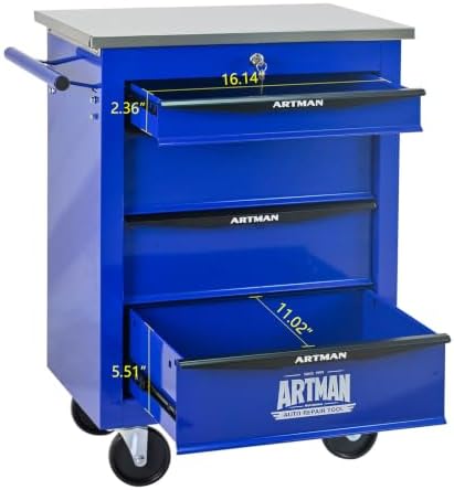 4-Drawer Heavy-Duty Rolling Tool Chest with Wheels & Steel Roof, Lockable Tool Chest Storage Cabinet for Garage, Workshop, Warehouse, and Repair Shop - Image 4