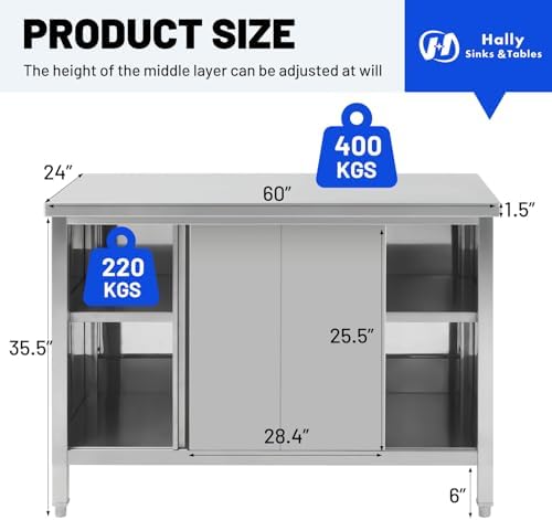 Hally Stainless Steel Cabinet 24"x60" Commercial Heavy Duty Prep Workbench - Image 2