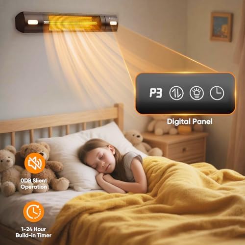 Electric Patio Heater with LED Light, 1500W Infrared Outdoor Heater, Wall & Ceiling Mounted, 3 Heat Levels, Remote Control, 24H Timer, IP65 Waterproof Garage Heater for Patio, Porch & Indoor Use - Image 6