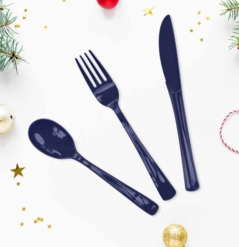 HEIPINIUYE 75 Pack Navy Blue Plastic Cutlery Heavy Duty Blue Plastic Knives Forks and Spoons Disposable Silverware Set for 25 Guest Camping Birthday Baby Shower Party Cutlery Set - Image 4