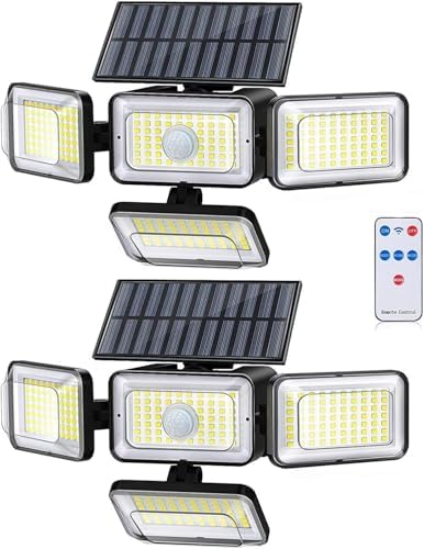 Solar Lights Outdoor Waterproof, 288 LED 2800LM Motion Sensor Outdoor Lights with Remote Control, 4 Head Solar Flood Lights Outdoor for Patio, Garage, Yard, Wall, IP65 Security Lights 2 Pack by Unknown