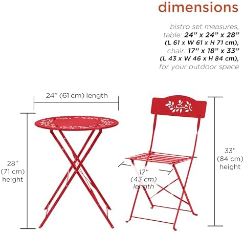 Alpine Corporation Indoor/Outdoor 3-Piece Bistro Set Folding Table and Chairs Patio Seating, Red - Image 2
