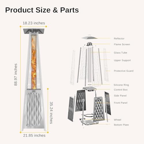 EAST OAK 48,000 BTU Pyramid Patio Heater, Quartz Glass Tube Propane Outdoor Heater with Wheels, Triple Safety Protection, 2025 Upgrade for Home, Backyard & Commercial Spaces, Stainless Steel - Image 2