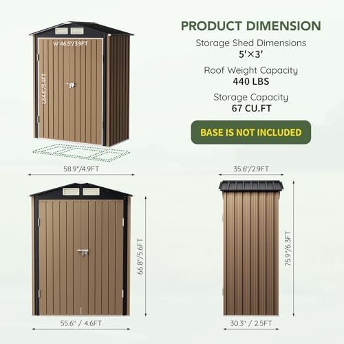 5 x 3 FT Metal Storage Shed for Backyard, Brown - Image 2