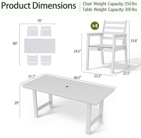5-Piece Outdoor Dining Set, All-Weather HDPE Patio Furniture, 66.5" Slatted Table with 1.6" Umbrella Hole & 4 Ergonomic Armchairs, Heavy Duty 350lbs Capacity, UV Resistant, White - Image 2