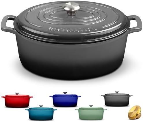 Rossallini Enameled Cast Iron Oval Dutch Oven with Lid, 9.5 Qt, Oyster Grey by RossalliniSignatureStoneware