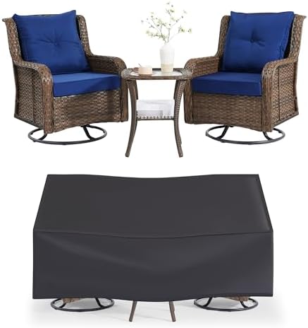 Wumiokio Patio Furniture Sets, 3 Pieces Wicker Outdoor Furniture - 360 Degree Swivel Rocking Chairs and Rattan Side Table for Garden,Porch,Backyard (Brown Wicker/Blue Cushion, 3PCS - Swivel Chairs) by Wumiokio