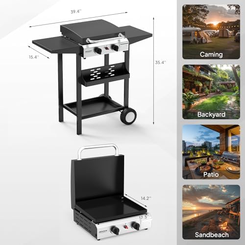 ROVSUN 2 Burner Portable Propane Griddle with Enameled Tray & Lid, 20000 BTU Rolling Flat Top Gas Grill with Electronic Ignition, Side Shelves & Regulator for Outdoor Cooking Camping BBQ Tailgating - Image 6