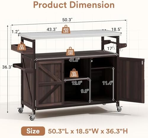Zevemomo Outdoor Grill Cart with Storage, Lockable Casters, Brown - Image 2