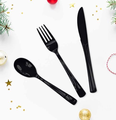 HEIPINIUYE 75 Pack Black Plastic Cutlery Heavy Duty Black Plastic Knives Forks and Spoons Disposable Silverware Set for 25 Guest Birthday Halloween Baby Shower Party Cutlery Set - Image 2