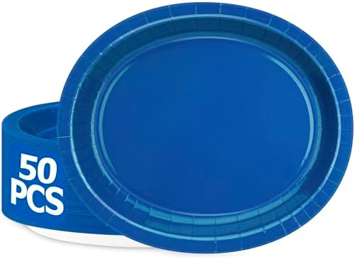 50 Pcs Oval Blue Plates Disposable Blue Paper Plates Party Dinnerware Set by QZYL