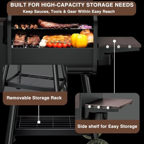 KingChii Electric Wood Pellet Grill & Smoker with Side Shelf, 456 SQ.IN Grill Capacity, 11LB Hopper, with PID Temperature Control (180-425°F) for Backyard Camping Bake and Roast, Brown - Image 2