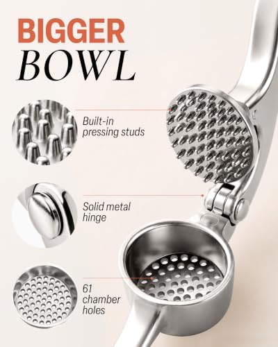 Zulay Kitchen Metal Large Garlic Press, Garlic Mincer, Peeler-Brush, Silver - Image 2