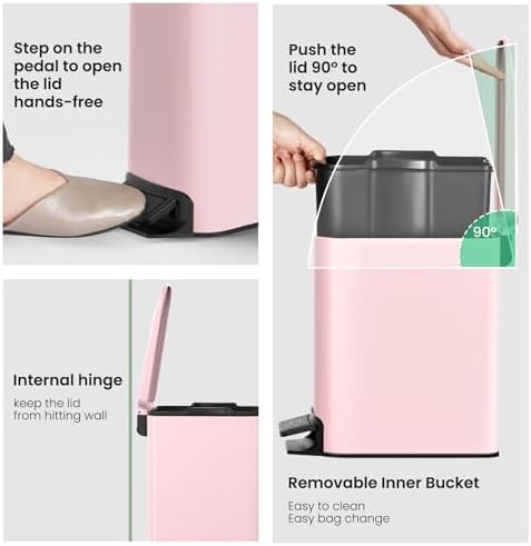 Cesun Small Bathroom Trash Can with Lid, 1.6 Gal, Soft Close, Pink - Image 5