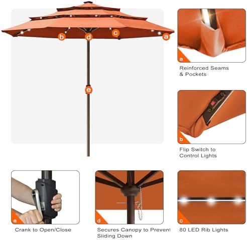EliteShade USA 10-Year-Non-Fading 10ft 3-Tier Market Patio Umbrella, Commercial Table Umbrella with 80 Solar LED Lights, Crank Open, Windproof & UPF 50+ UV Protection for Garden, Deck, Pool, Backyard, No Tilt, Rust - Image 5