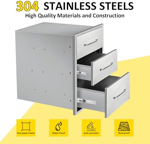 Outdoor Kitchen Drawers 14" W x 21"H x 21"D Stainless Steel Drawer Flush Mount Triple BBQ Drawers with Chrome Handle for Outdoor Kitchen Island, Patio Grill Station - Image 3