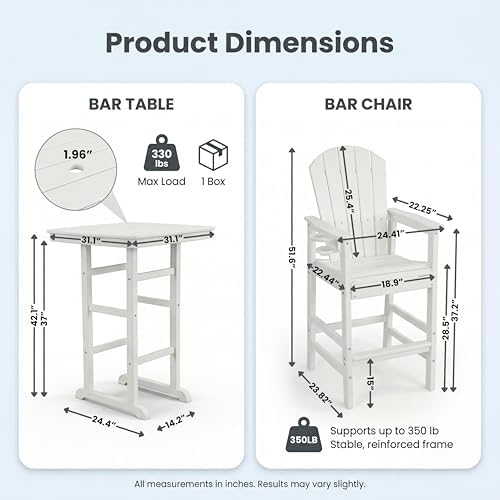 3-Piece HDPE Bar Height Table and Chairs Set, 42.1" Square High Top Pub Table with Umbrella Hole, 2 Adirondack Charis with Cup Holders, Outdoor Patio Dining Set for Bistro Backyard Deck White - Image 2