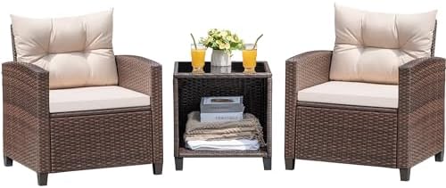 Devoko 3 Pieces Patio Furniture Set Outdoor Wicker Chairs and Table, Beige by DEVOKO