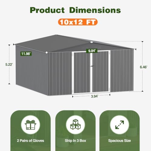 10 x 12 FT Outdoor Storage Shed, Heavy Duty Metal Shed with Lockable Double Door, 2 Magnetic Light, Sloped Roof & Vents for Garden Backyard Lawn, Dark Gray - Image 2