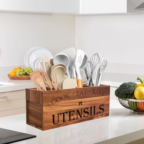 Suli Extra Large Utensil Holder Countertop for Kitchen Counter,Acacia Wood - Image 7