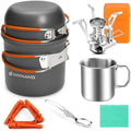 Odoland 8pcs Camping Cookware Mess Kit, Camping Pot and Pan Set with Mini Backpacking Stove, Stainless Steel Cup, Spork and Tank Bracket, Cooking Gear for Outdoor, Hiking, Picnic, Campfire by Odoland